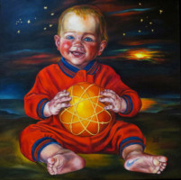 “BABY WITH BEACH BALL”, Oil & 23K Gold Leaf on Linen, 16”x16”, 2001